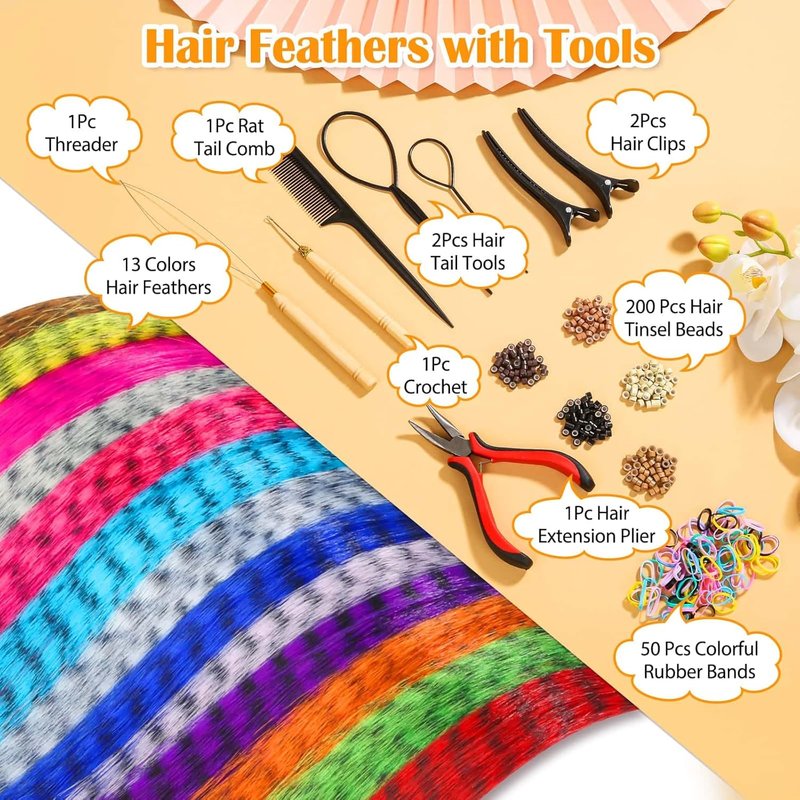 Skiennix 65 Pcs Hair Feather Extensions Kit - 13 Color Long Synthetic Feathers with Microlink Beads for Parties & Festivals