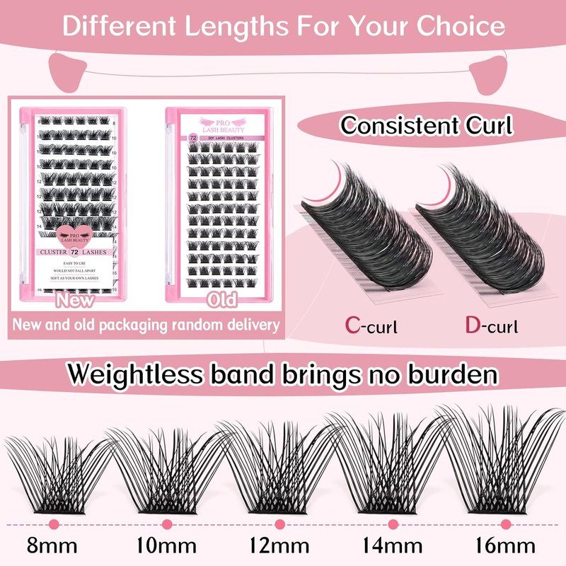 Cluster Lashes - 72 Pcs DIY Eyelash Extensions | Natural Soft & Comfortable Reusable Lashes - D-12mm