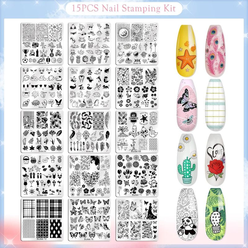Biutee Nail Stamping Kit - 15 Floral & Animal Plates with Clear Stamper & Scrapers | DIY Nail Art for Beginners