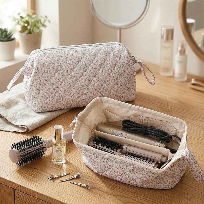 Quilted Hair Tools Travel Bag Compatible with Dyson Hair Dryer Airwrap, Floral Hair Tools Bag Compatible with Shark Flex Style Case, Hair Dryer, Curling Iron, Dustproof Travel Storage Organizer (Pink)