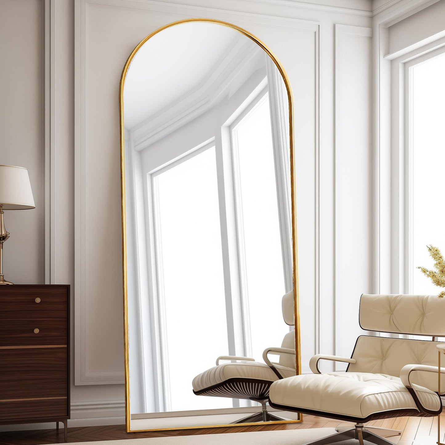 ZMYCZ Floor Length Mirror, 81"x41" Arch Full Length Mirrors Full Length Hanging or Leaning with Stand, Wall Mounted Mirrors, Arched-Top Body Mirror with Aluminum Frame for Bedroom (Gold)