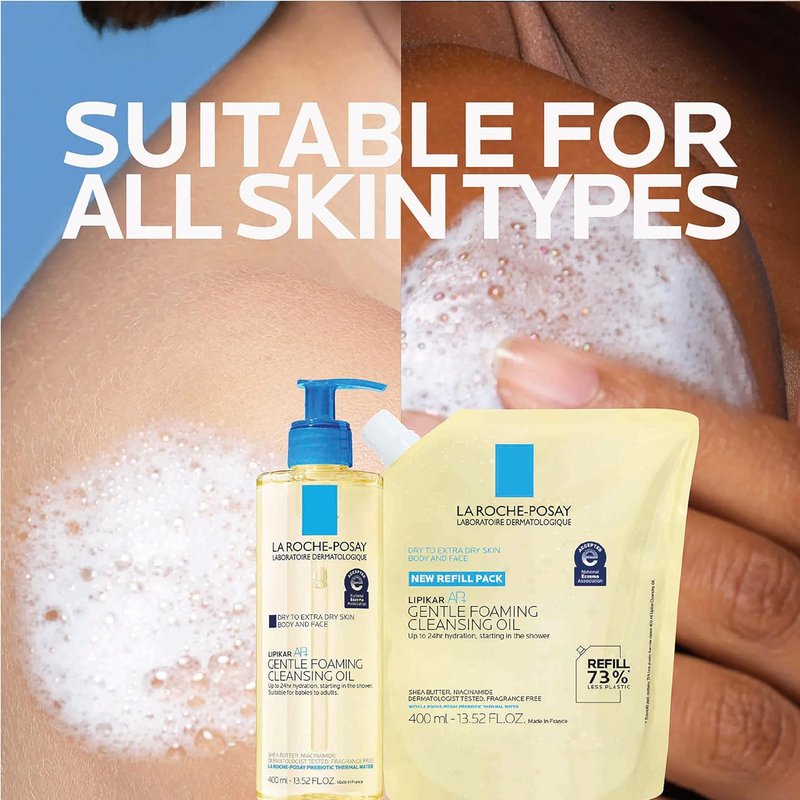 La Roche-Posay Lipikar AP+ Gentle Foaming Cleansing Oil - Hydrating Face & Body Cleanser with Niacinamide, Fragrance-Free