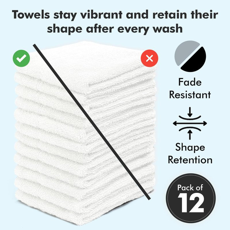 Novo Home Face Towels Pack of 12 – 100% Cotton Wash Cloths (12x12 inch) – Soft, Quick Dry & Highly Absorbent Hand Towels for Bathroom, Spa, Gym, Kitchen and for Daily Use - (White)
