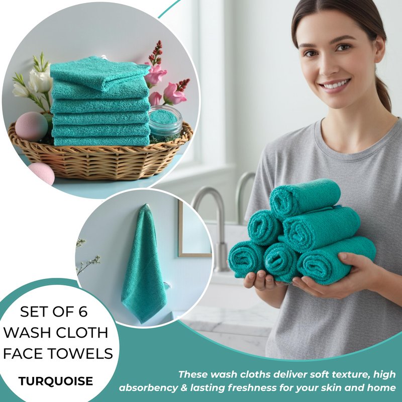 LIVINATI Turquoise 100% Cotton Wash Cloths for Showering Body and Face - 12"X12" 6 Pack Washcloths - Small Terry Towel Bath Rags for Adults and Kids Bathroom - Soft Absorbent