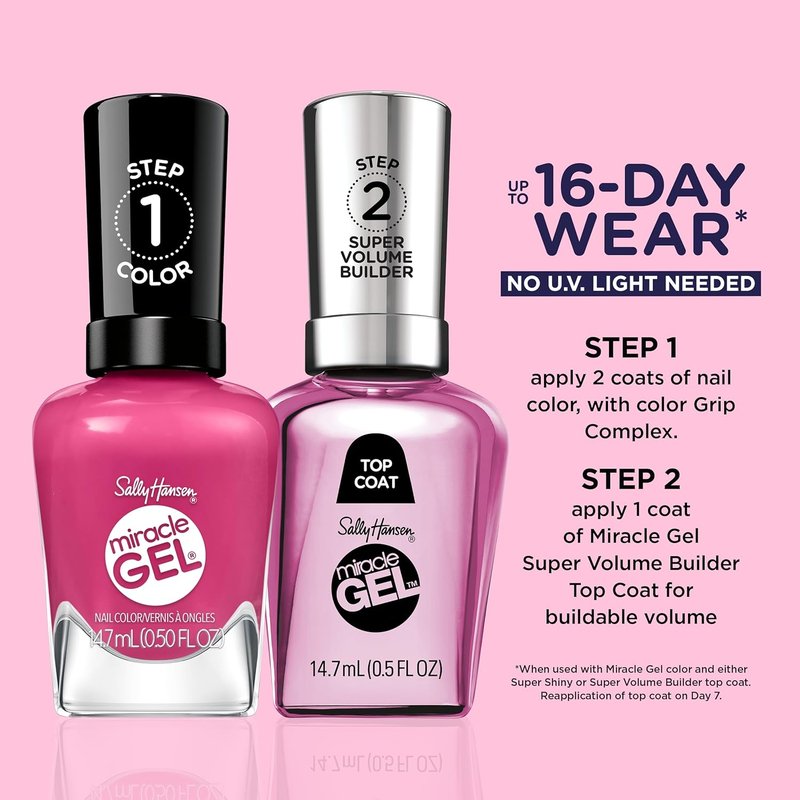 Sally Hansen Miracle Gel Supercharged Pinks Nail Polish | Salon Quality Gel-Like Formula, Two-Step System, No UV Light Needed, Long Lasting | 350 Work Hard, Play Pink | Bright Pink Crème Nail Color
