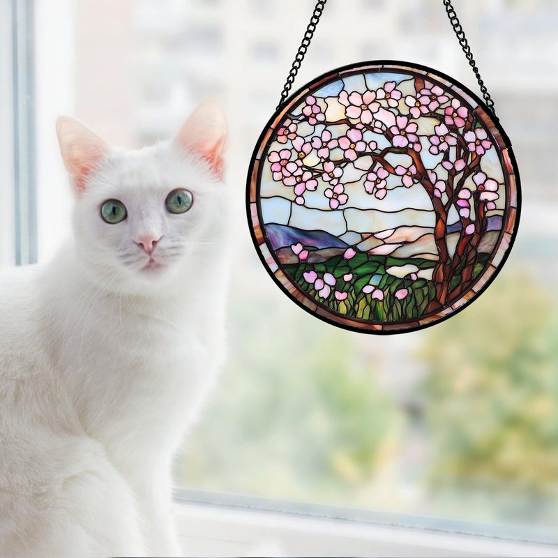 QZQCBLC Stained Glass Window Hanging Pink Cherry Blossom Tree 6.3" - Flower Suncatcher Door Terrace Garden Sun Catcher Home Decor Birthday Christmas for Mom Wife Woman Nana