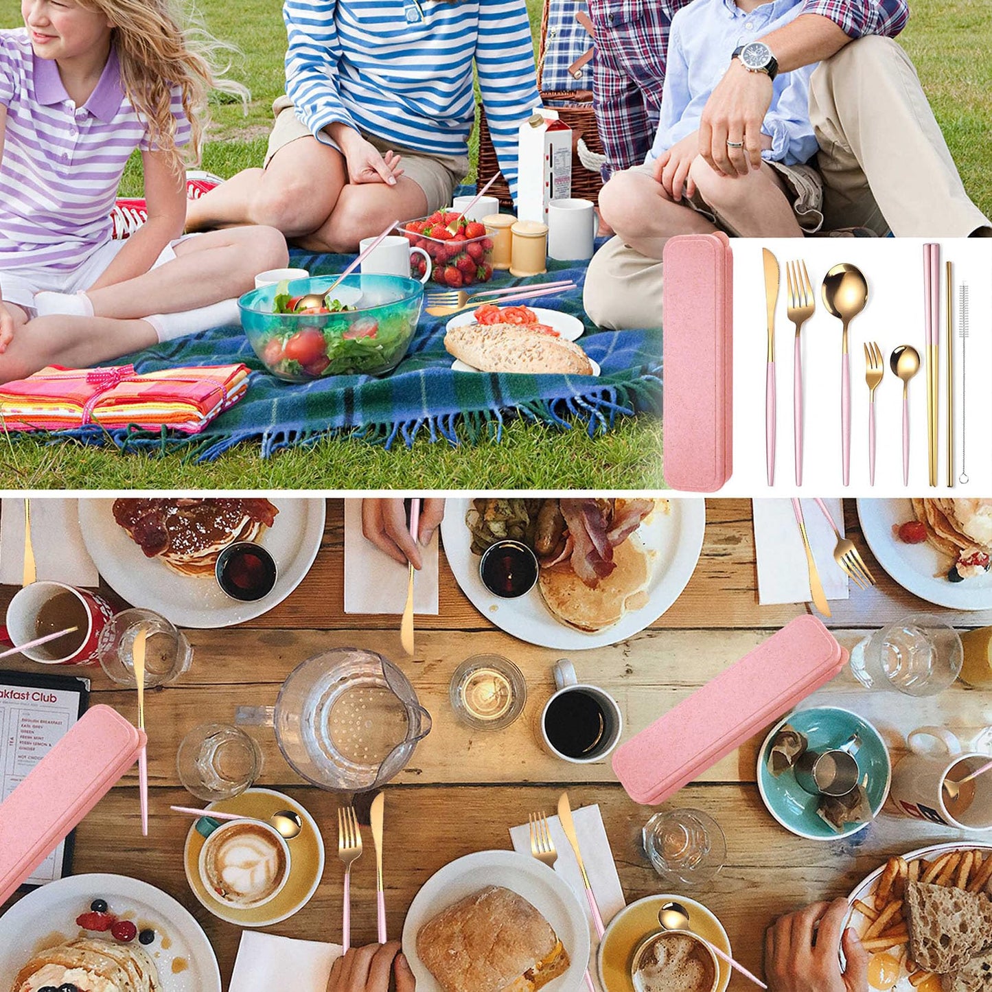 AARAINBOW 8 Pieces Stainless Steel Flatware Set Portable Reusable Cutlery Set Travel Utensils Set Including Chopsticks Knife Fork Spoon Straws Cleaning Brush Dishwasher Safe (Pink Golden)