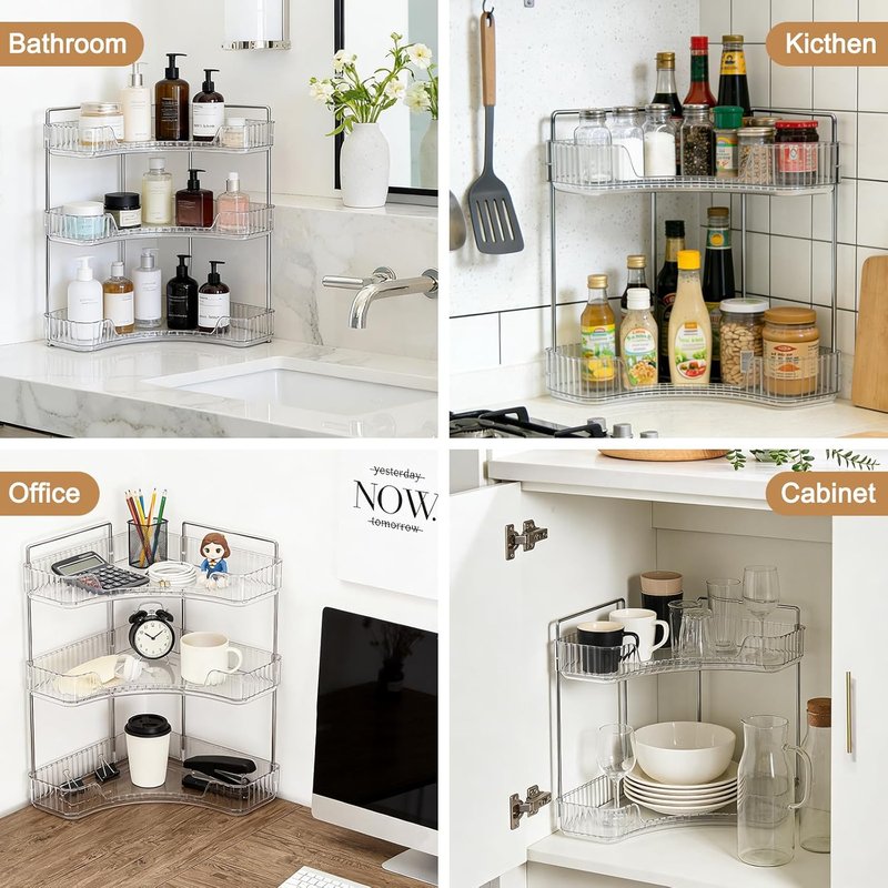Corner Bathroom Counter Organizer - 3-Tier Clear Vanity Shelf for Makeup & Spice Storage