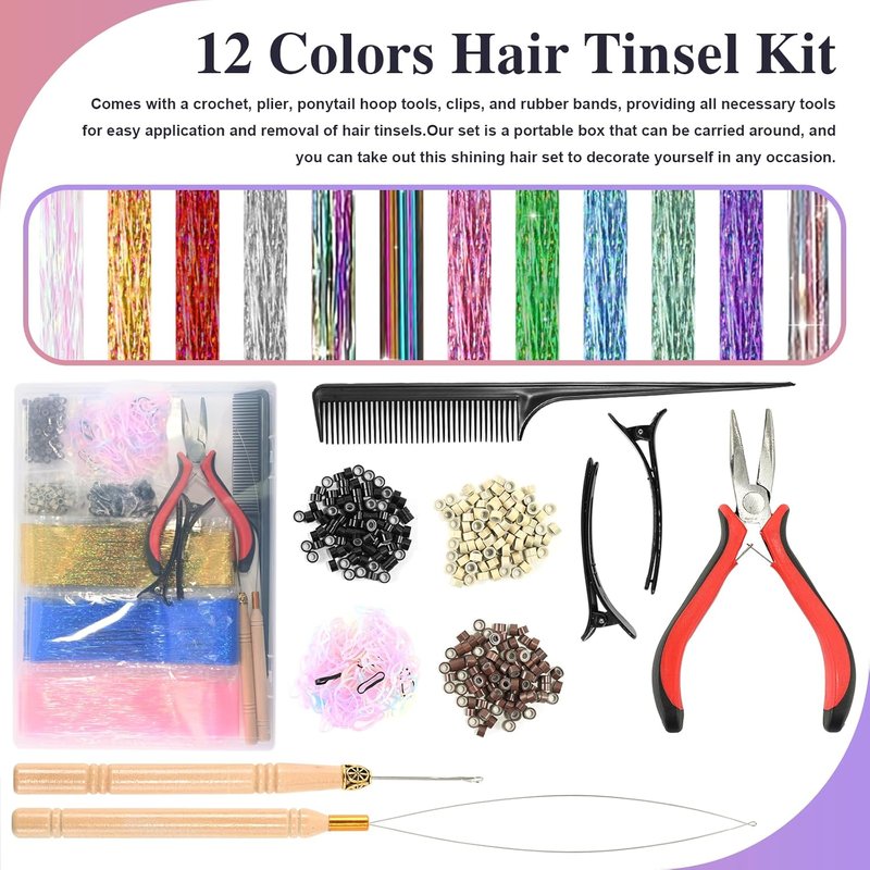 Hair Tinsel Kit - 12 Colors 48-Inch Sparkling Hair Extensions | Heat Resistant Glitter for Girls & Women
