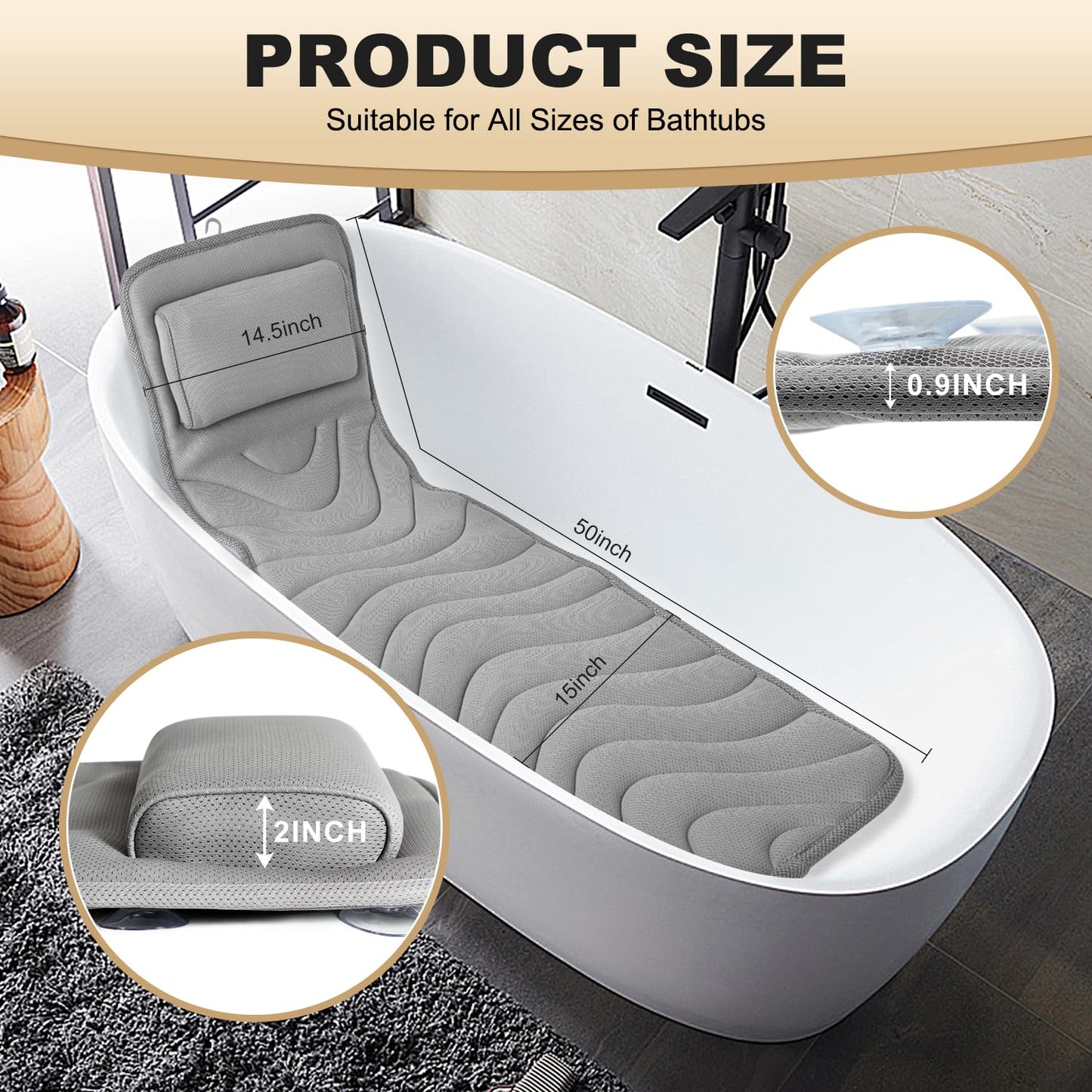 Full Body Bath Pillow for Bathtub, Non-Slip Bath Pillows for Tub, Spa Bathtub Pillow Cushion for Headrest Neck Shoulder and Back Rest Support，Relaxation Spa Accessories-50 x 15" (Grey)