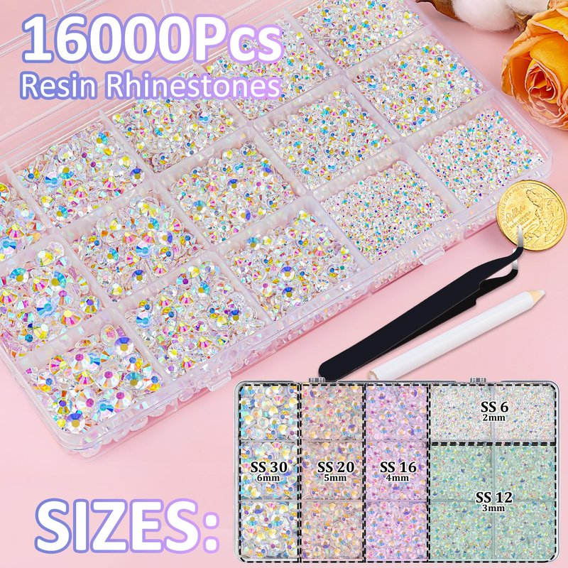 Resin Jelly Rhinestones - 16000 Pcs Transparent AB Flatback Gems | Includes 3 Pcs 10ml B7000 Jewelry Glue for DIY Crafts