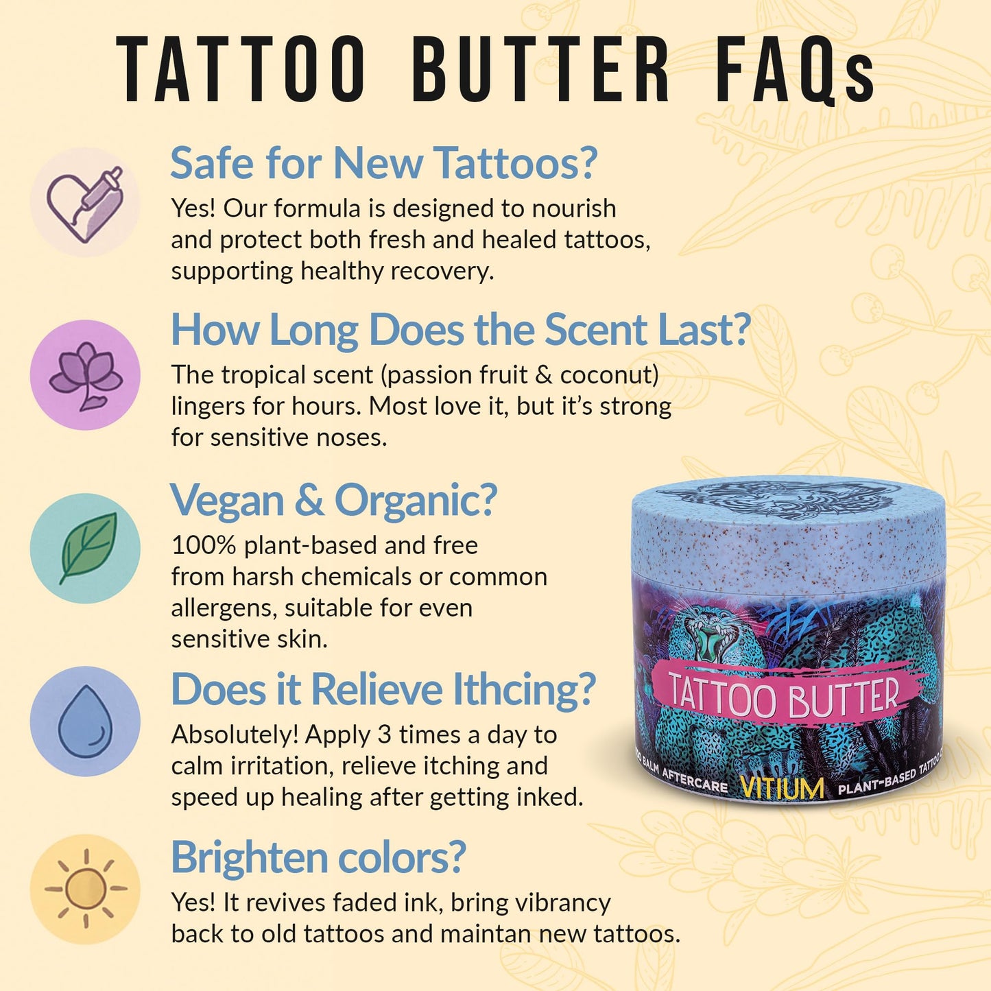 VITIUM Tattoo Butter Aftercare Balm 5oz, Vegan, Brightens & Heals New & Old Tattoos, Signature Tropical Italian Scent, Shea, Mango, Calendula, Glide for Tattoo Artists, Made in Italy, No Petroleum