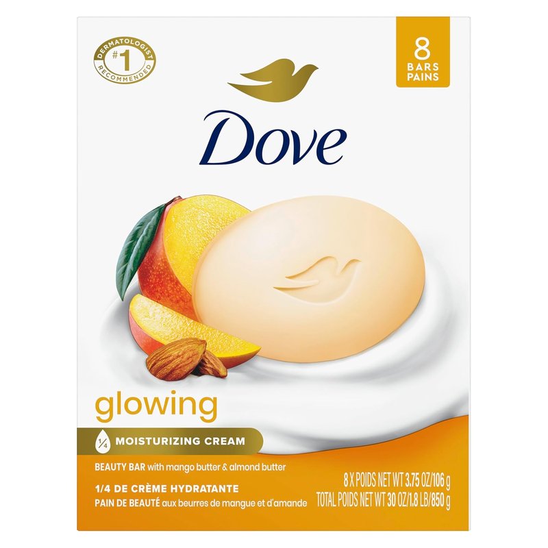 Dove Beauty Bar Soap - Glowing Mango & Almond Butters for Radiant Skin | 8 Bars, 3.75 oz