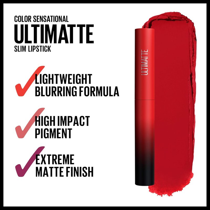 Maybelline Color Sensational Ultimatte Matte Lipstick - Intense Ruby Red, Non-Drying Formula, 1 Count