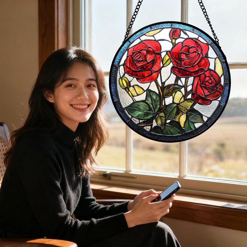 QZQCBLC Stained Glass Window Hanging Red Rose Flower 7.8" - Suncatcher Door Garden Sun Catcher Decor Birthday Anniversary Valentines Day Gifts for Woman Wife Men Her Him Lovers Girlfriend