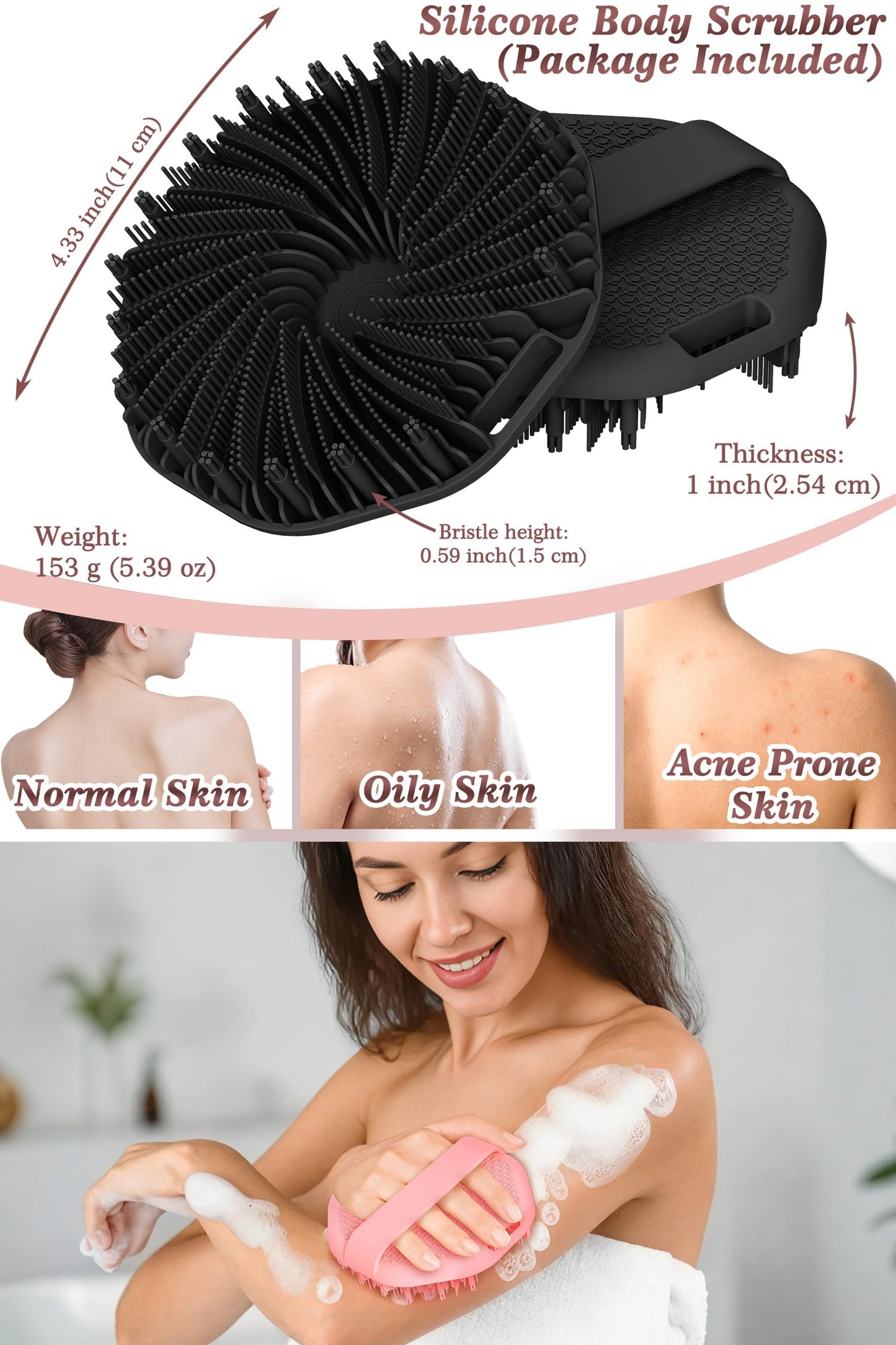 ManmiHealth 5 PCS Silicone Body Scrubber Shower Brush, Upgrade Super-Exfoliating Shower Scrubber with Non-Slip Hand Strap, Silicone Body Buffer Shower Mitt with Soap Bag Set(Black+Pink)
