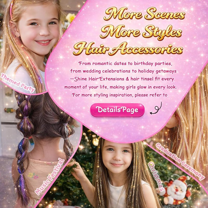Green Hair Tinsel - 8 Pcs Glitter Hair Extension Kit for Festivals | 48 Inch, 3200 Strands