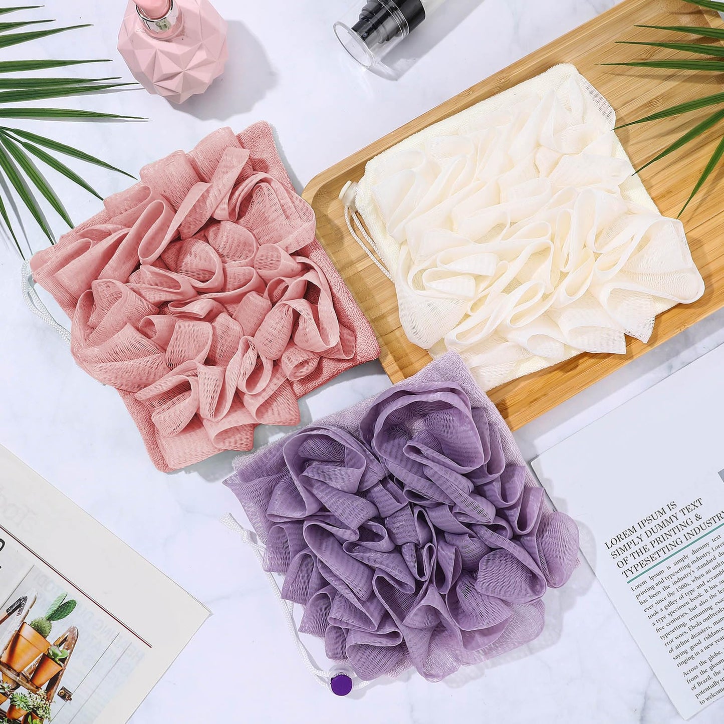 Swiffen 3 Pcs Washcloth Loofah Combo, 2 in 1 Bath Loofah Sponge with Drawstring, Exfoliation Mesh Shower Puff Ball for Body Wash Cleansing and Smooth Skin (Purple Pink Beige)
