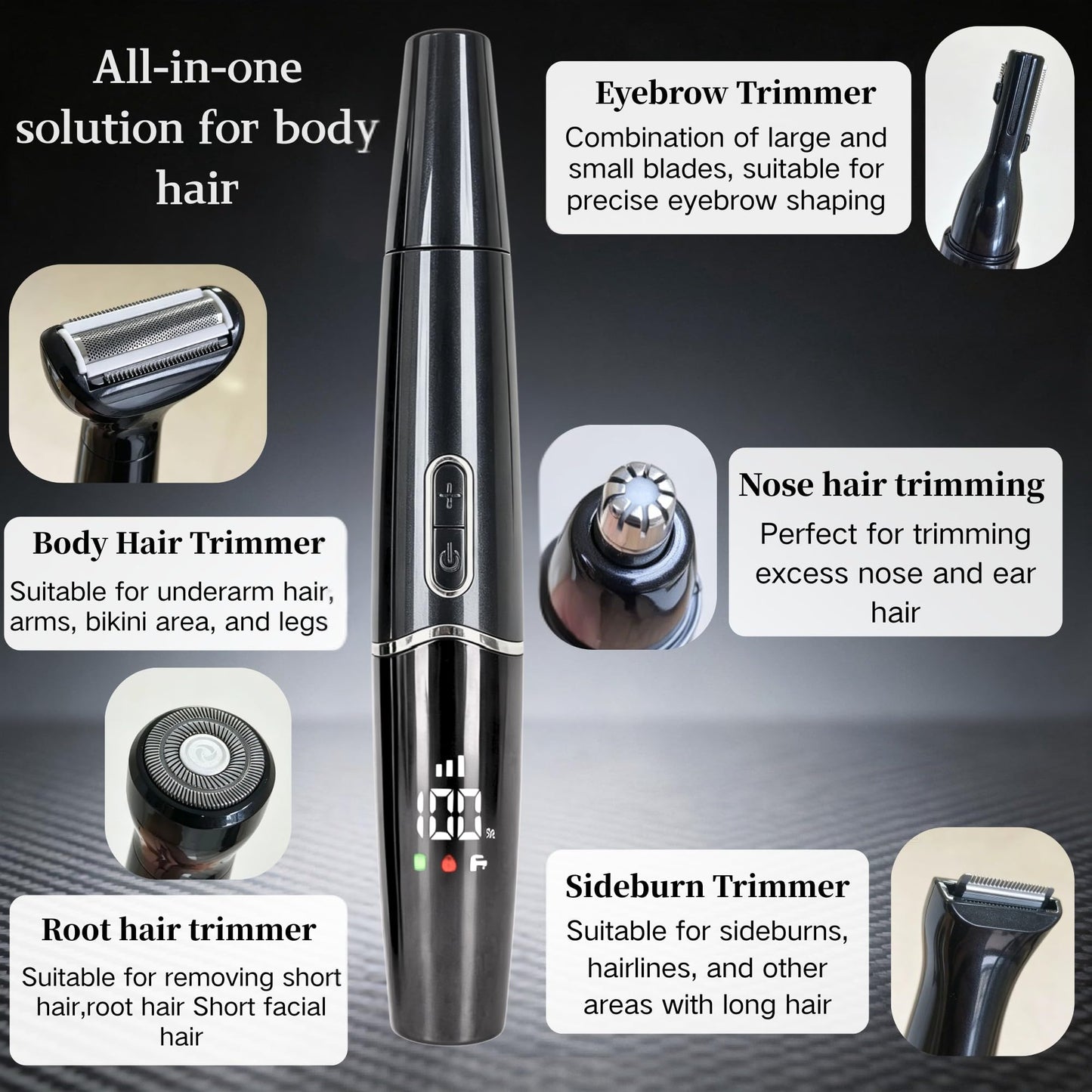 RFSCDI 5-in-1 Nose Hair Trimmer for Men, USB-C Rechargeable Painless Eyebrow & Facial Trimmer, IPX7 Waterproof Electric Grooming Kit, LED Display with 5 Blade Heads, Classic Black