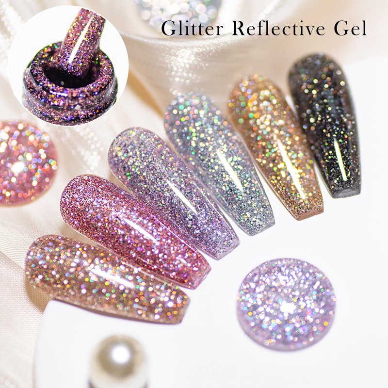 Four Lily Reflective Glitter Gel Nail Polish Set of 8 Colors Pink Red Black Silver Shimmer Sparkle Gel Polish Collection Kit LED Soak Off Nail Polish Manicure Art Gel Kit Home DIY Nail Salon