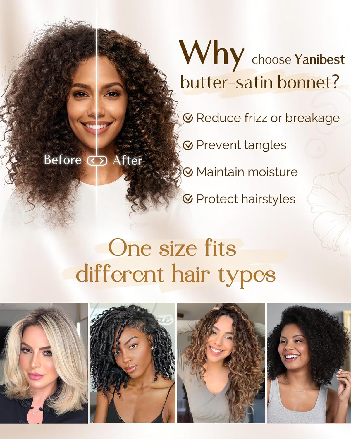 YANIBEST Adjustable Satin Bonnet - Double Layer Hair Wrap to Reduce Friction & Prevent Frizz for Natural Curly Hair