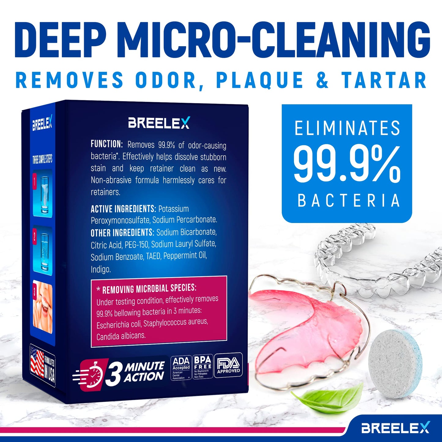 Breelex Retainer Cleaner Tablets for Dentures, Aligners & Night Guards – 120 Denture Cleaning Tablets, 3-Minute Deep Clean, Removes Plaque, Stains & Odor – FSA HSA Eligible