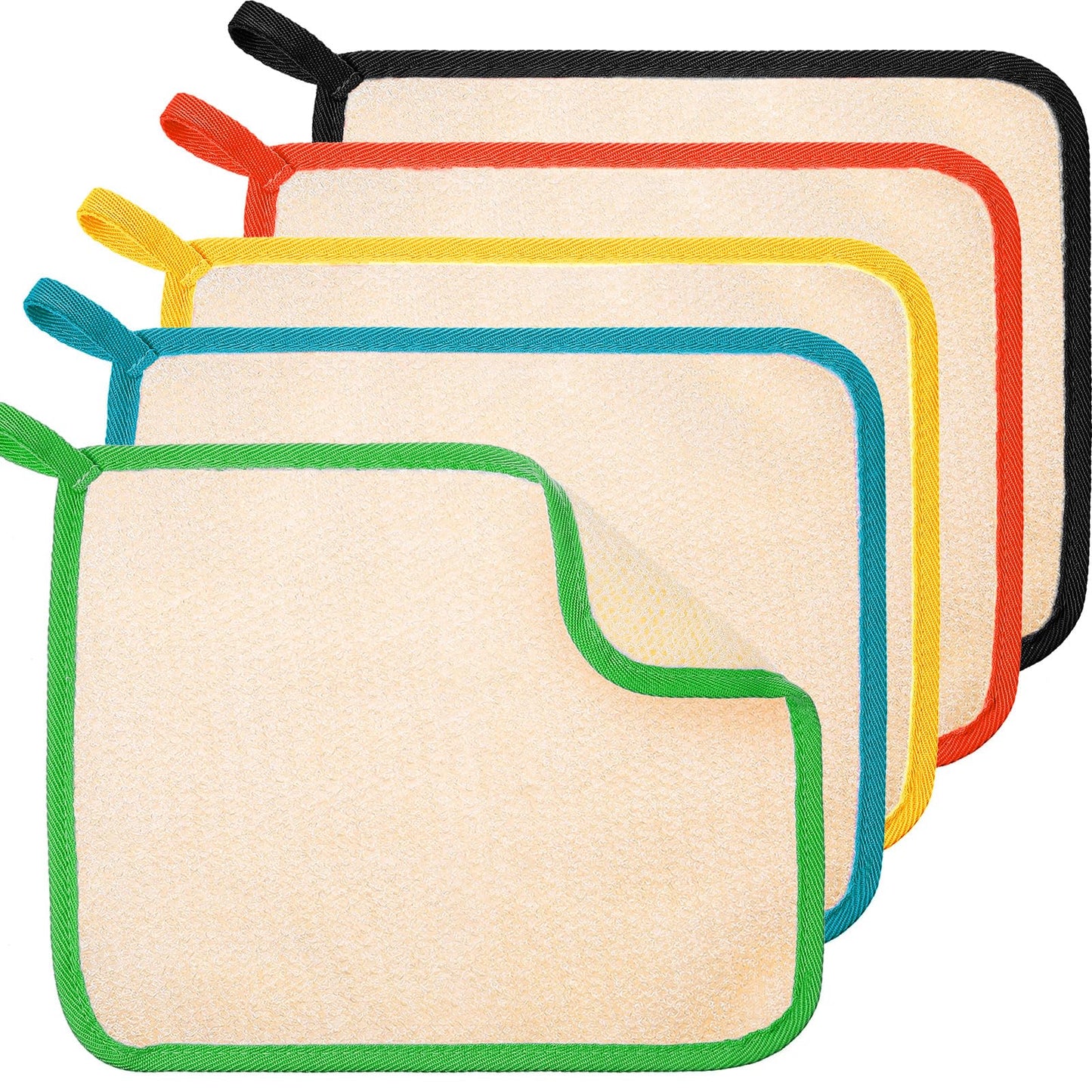 Tatuo 5 Pcs Exfoliating Face and Body Wash Cloths Towel Weave Bath Exfoliating Scrub Massage Bath Cloth for Women and Men, 10.23 x 8.66 Inch(Black Green Orange Blue Yellow Edge)