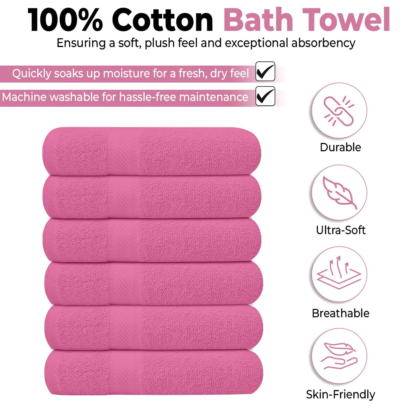 KAHAF COLLECTION 6 Pack Bath Towels Set (27 x 54 Inches) 100% Ring Spun Cotton, Lightweight, Quick Dry, Highly Absorbent Towels (Pink, (27x54) Inches)