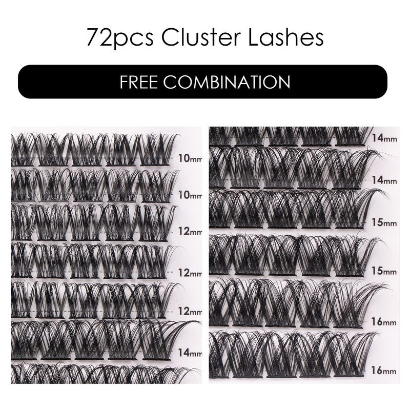 Cluster Lashes 72 Individual Lashes Clusters Eyelash Extensions False Eyelashes DIY Lash Extension Kit Reusable False Eyelashes Natural Look Mix 10-16mm-DM01