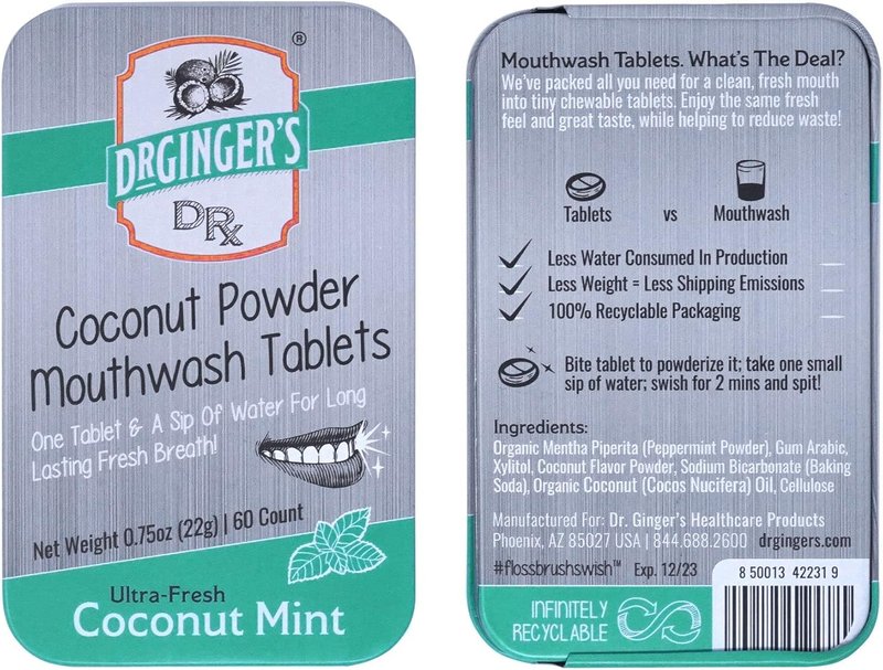 Coconut Oil Mouthwash Tablets - Organic Coconut Mint with Xylitol | Freshens Breath, Travel-Friendly, 60 Count
