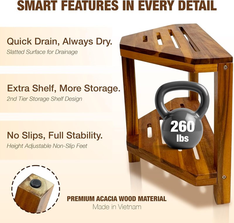 Corner Shower Stool - 20” Acacia Wood Shower Bench with Storage Shelf | Waterproof Foot Rest for Shaving Legs