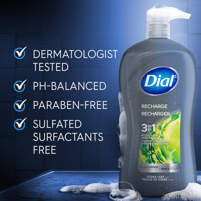 Dial Men 3 in 1 Body, Hair and Face Wash, Recharge, 32 Fl Oz, Cedar Leaf Scent, Cleanses Deep + Gentle on Skin with Clean Rinse Technology