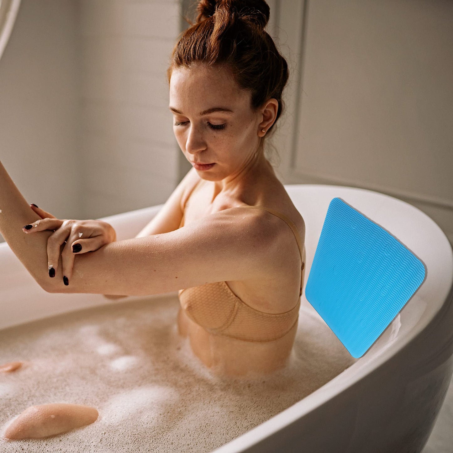 Waterproof Shower Chair Cushion Soft Foam Pad for Shower Seat Inside Bathroom, Non Slip Stripes Surface Bathtub Mat with Stickable Backing, Bath Rug Dry Quickly