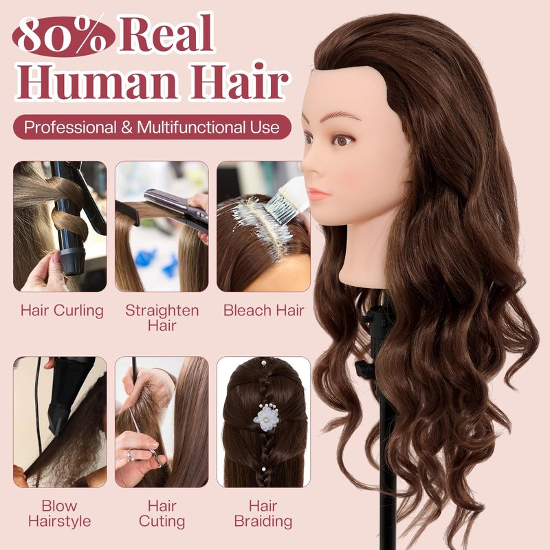 Neverland Beauty & Health 28Inch 60% Real Hair Mannequin Head,Doll Head for Hair Styling Braiding Curling,Cosmetology Mannequin Head with Hair with Table Clamp Hair Styling Set(Dark Brown)