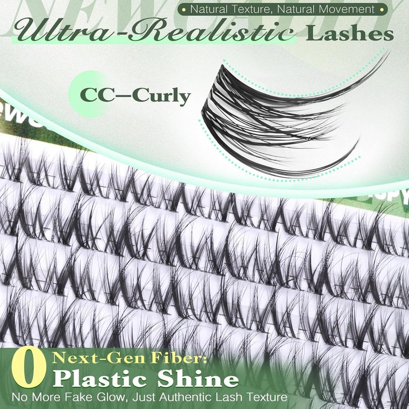 Newcally Natural Lash Clusters - Invisible Band Eyelash Extensions | CC-Curly, 10-16MM Sizes