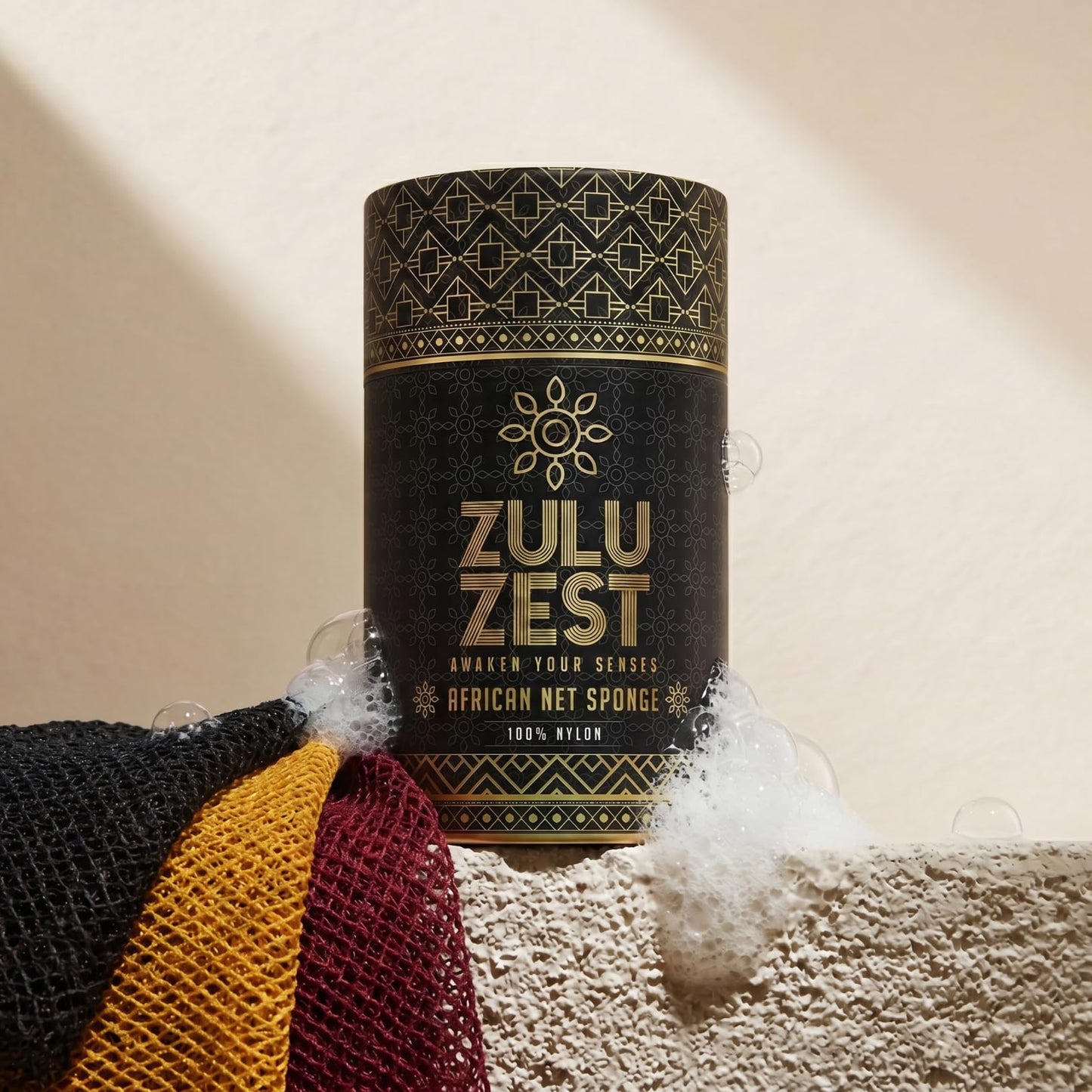 Zulu Zest Authentic African Net Sponge – 3-Pack Exfoliating Mesh for Face & Body, Deep Clean, Quick Dry, Long-Lasting Bath Scrubber for All Skin Types, Travel-Friendly & Durable (Black, Yellow, Red)