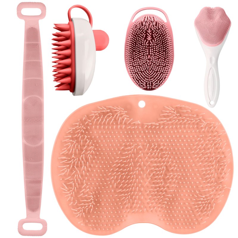 5 PCS Silicone Loofah Body Scrubber Care Set – Back Scrubber, Face Brush, Foot Scrubber, Shampoo & Scalp Brush, Silicone Body Scrubber with Handle (Pink)