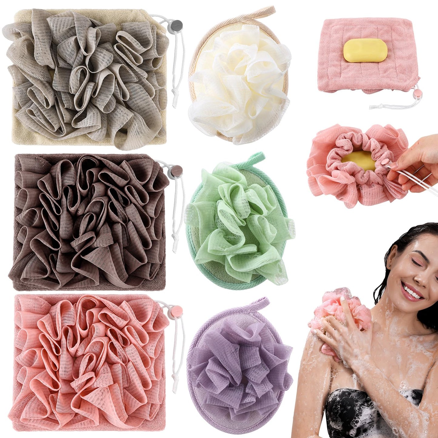 LemonRoad 6 Pcs Bath Shower Pouf Sponge Loofahs 2 in 1 Bath Loofah with Soap Pocket Sponge Drawstring, Exfoliating Mesh Shower Puff Ball for Body Scrubber Wash Cleansing and Smooth Skin