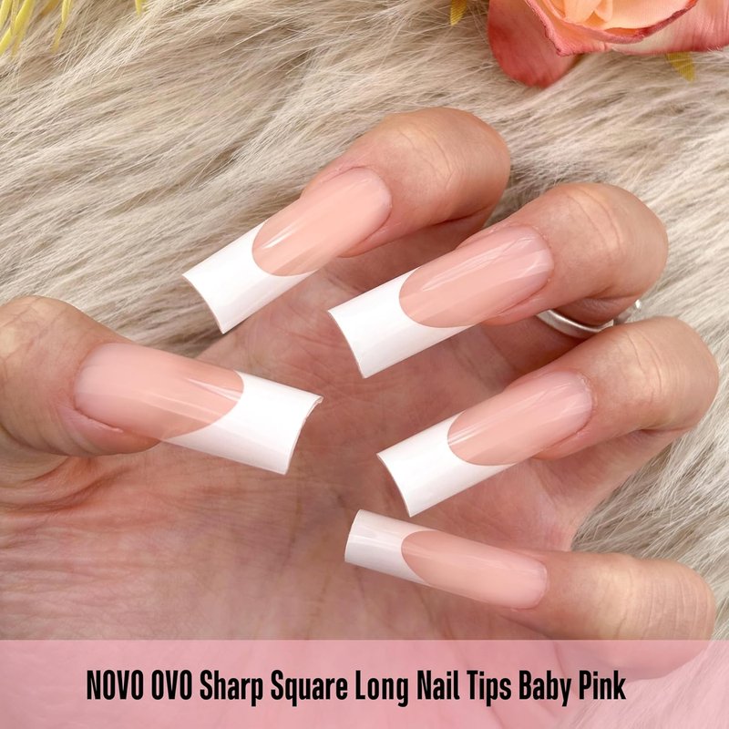 NOVO OVO Press-On Baby Pink French Tip Nail Tips | Extra Thick Soft Gel Full Cover | 180 Pieces in 15 Sizes