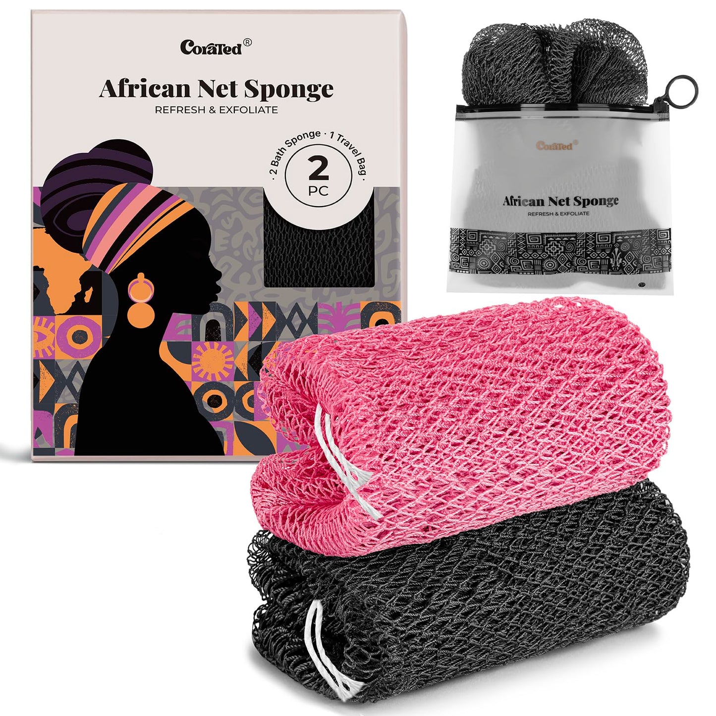 CORATED Authentic African Net Sponge with Knots, Shower Loofah Exfoliating Bath Sponge, Body Scrubber for Women and Men Daily Use Body Care, Travel Portable, Durable Bath Accessories for Bathroom