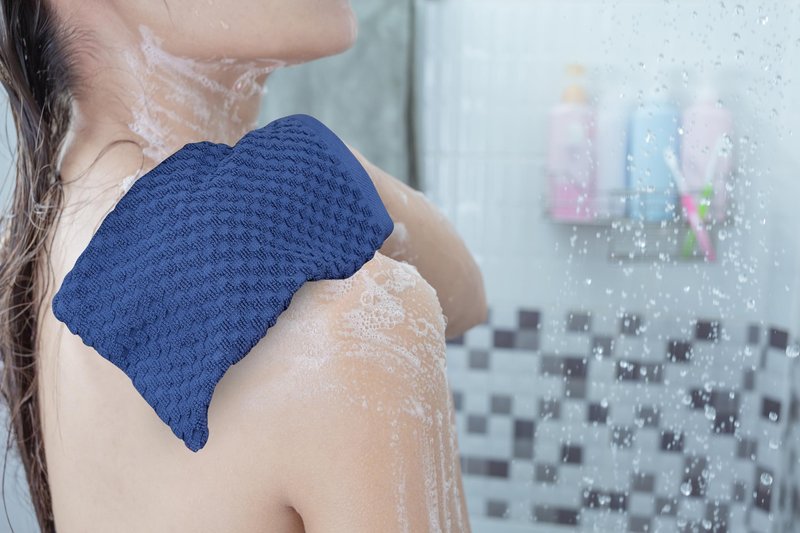 COTTON CRAFT Bath Mitt - Exfoliating Glove - Set of 6 Euro Spa Waffle Weave Towel Mitts - 100% Cotton Body Shower Glove Washcloth with Hanging Loop - Sensitive Skin Friendly - Large 5.5x10 - Blue