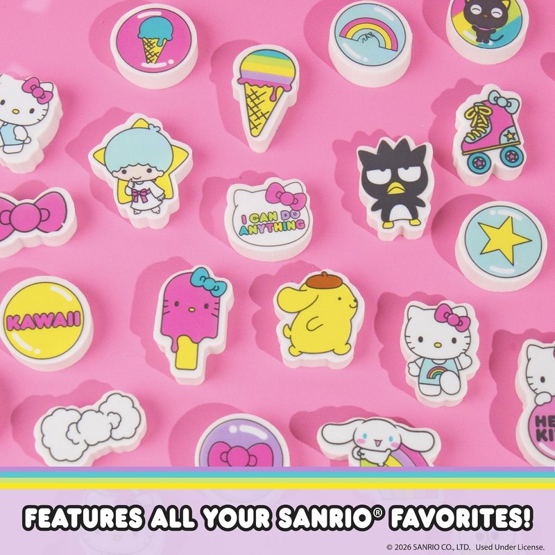Hello Kitty® and Friends 25 Mini Erasers, Includes Cute Sanrio Erasers with My Melody, Cinnamoroll, Keroppi, Chococat, Pompompurin & More, Kawaii Sanrio Merch, Office & School Supplies