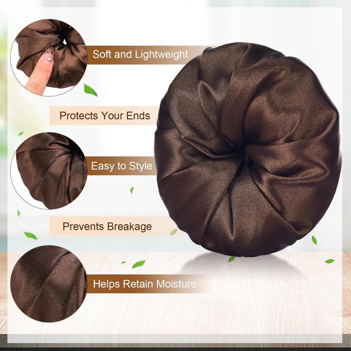 Yuxung 4 Pcs Satin Hair Bun Donut Satin Hair Bun Maker Dark Retain Moisture Easy to Style for Women Ladies Military Ballet and Business (Brown,Small,Medium)