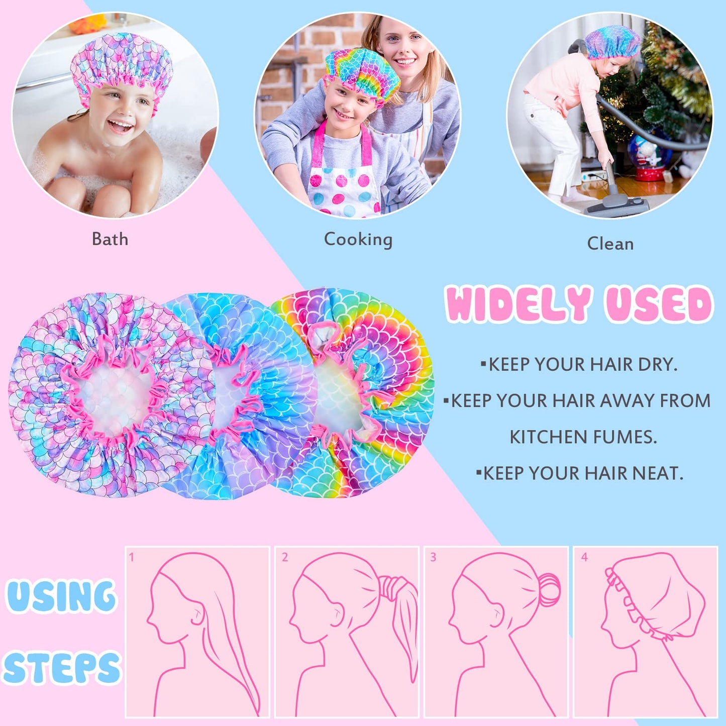 3 Pcs Kids Girls Toddler Shower Cap - Reusable Plastic Rainbow Unicorn Mermaid Hair Cap, Waterproof Adjustable Cute Head Cap for Children and Women
