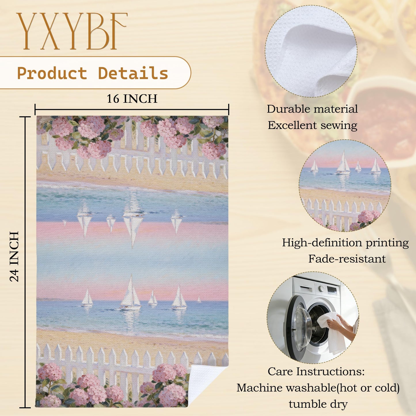 YXYBF Pastel Coastal Nautical Hand Dish Tea Towels for Kitchen Bathroom Beach House Decor 16x24 Inches, Pink Hydrangea Floral Coastal Beach Kitchen Towels Decorative