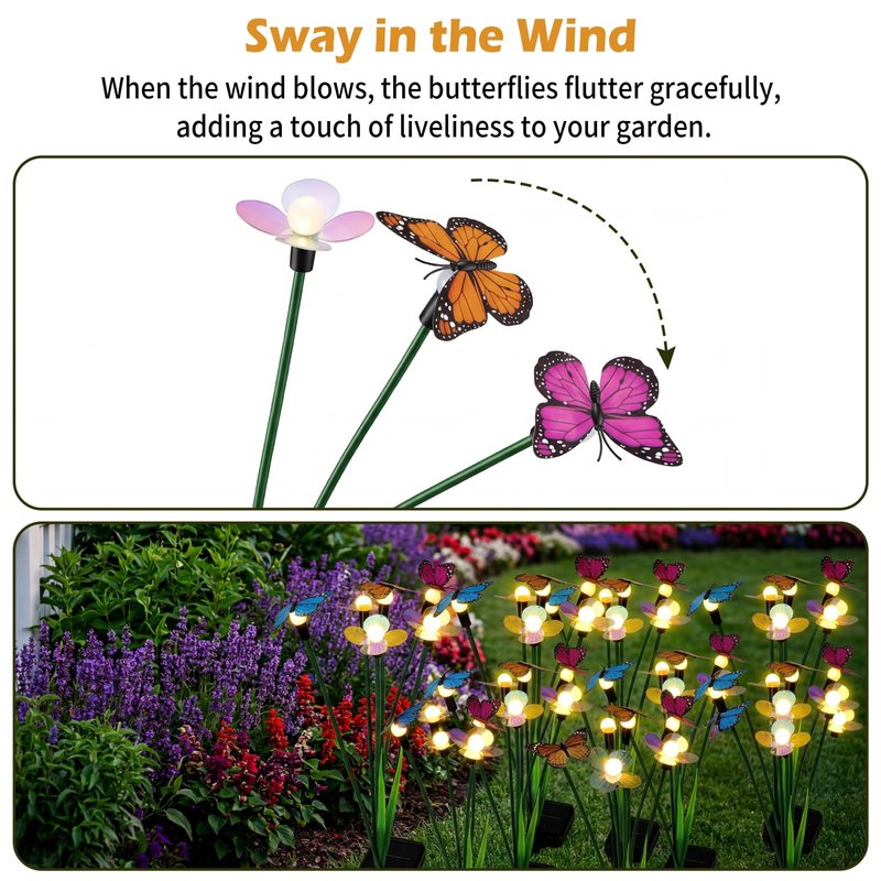 Hoikwo Solar Garden Flower Lights 4 Pack, Swaying Butterfly Flower Stakes Outdoor, Lifelike Butterflies and Flowers with 6 LED Warm Lights, Solar Lights Decor for Yard, Patio, Garden, Pathway
