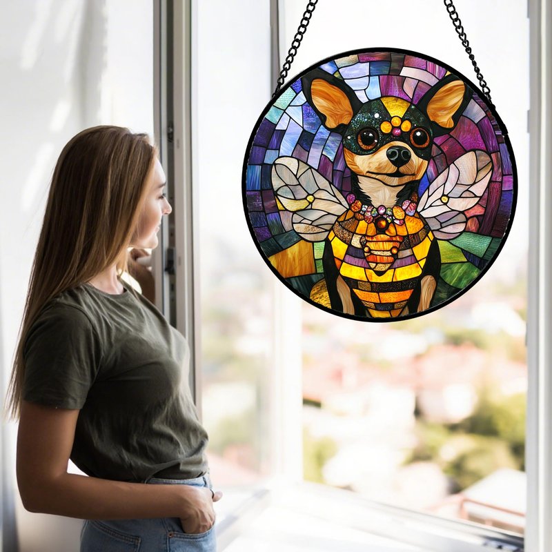 QZQCBLC Stained Glass Window Hanging Cute Bee Dog 6.3" - Black Yellow Suncatcher Door Terrace Garden Sun Catcher Home Decor Birthday Christmas for Mom Men Woman Wife Friend