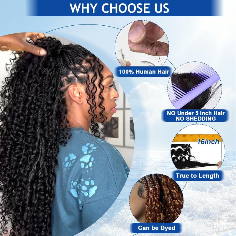 BIZVUS Human Braiding Hair for Boho Braids 110g Curly Boho Hair for Braiding Knotless 12A Wet and Wavy Bulk Bohemian 3 Bundles/Pack Deep Wave 100% Human Hair Extensions Natural Color 16inch