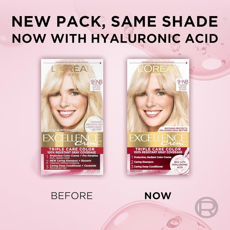 L'Oreal Paris Excellence Crème Permanent Hair Dye, Triple Care Hair Color with Hyaluronic Acid for 100% Gray Coverage, 9.5NB Lightest Natural Blonde, 1 Kit (Pack of 2) (Packaging May Vary)