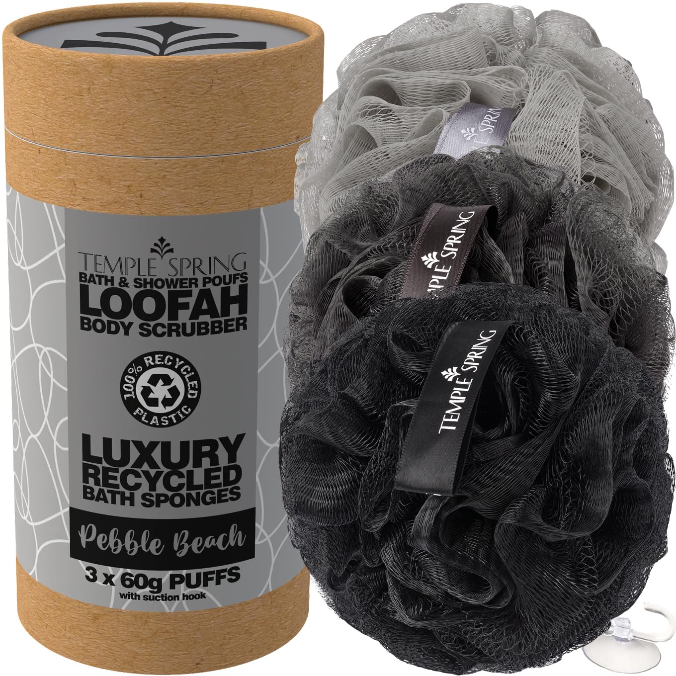 Temple Spring Shower Loofah for Men 3-Pack (60g Each) — Dense Mesh Body Scrubber for Rich Lather and Deep Clean, Exfoliating Bath Sponge, 100% Recycled Materials with Suction Hook